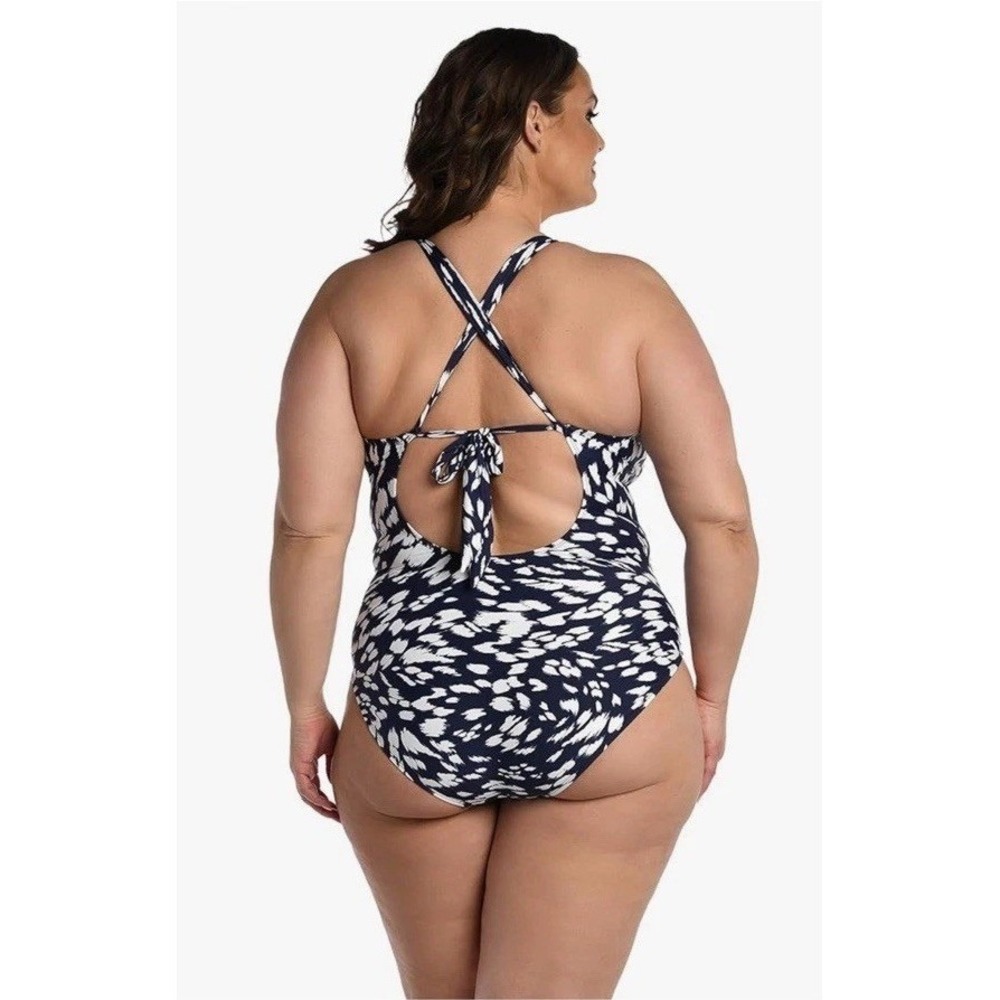 La Blanca One Piece Swimsuit Women's 20W High Neck Tummy Control White Blue